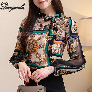 Dingaozlz Printed Chiffon Shirt Fashion Women blouse Spring Long sleeve Casual Tops Plus size Shirt