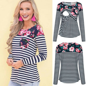 2019 NEW Women's Pregnant Maternity Striped Tops T-Shirt Women Baby Long Sleeve Slim Fit Flower Nursing Clothes Tee Shirts