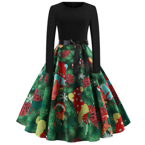 Vintage Dress Women Long Sleeve Print Christmas Dress Winter Elegant Swing Party Dresses Robe Femme Casual Rockabilly Vestidos