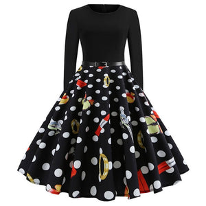 Vintage Dress Women Long Sleeve Print Christmas Dress Winter Elegant Swing Party Dresses Robe Femme Casual Rockabilly Vestidos