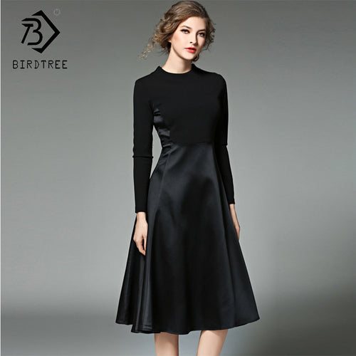 2019 Winter New Arrival Women's Dresses O-Neck Fashion Patchwork Mid Elegance Empire Full Sleeve Sashes Slim Clothing D88216L