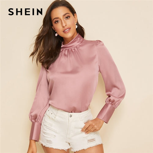 SHEIN Pink Stand Collar Button Keyhole Satin Blouse Elegant Top Women Spring Autumn Long Sleeve Solid Office Ladies Blouses