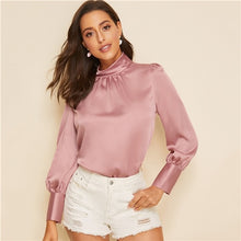 Load image into Gallery viewer, SHEIN Pink Stand Collar Button Keyhole Satin Blouse Elegant Top Women Spring Autumn Long Sleeve Solid Office Ladies Blouses