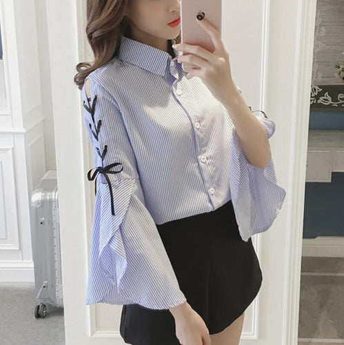 Spring new ladies shirt 2019 Korean version of the loose long trumpet sleeves with bow youth youth shirts women's clothing