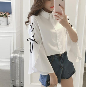 Spring new ladies shirt 2019 Korean version of the loose long trumpet sleeves with bow youth youth shirts women's clothing