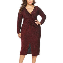 Load image into Gallery viewer, Women&#39;s Autumn V-Neck Plus Size elegant Ruched Long Sleeve High Waist Split Party Cotton Dresses Plus Size Vestidos Clothing z7