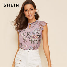 Load image into Gallery viewer, SHEIN Floral Print Guipure Lace Raglan Sleeve Top 2019 Keyhole Neckline Summer Cap Sleeve Elegant Womens Tops and Blouses