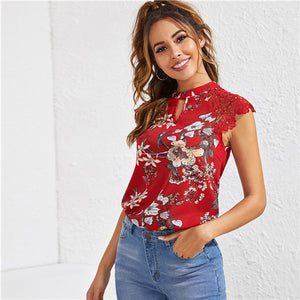 SHEIN Floral Print Guipure Lace Raglan Sleeve Top 2019 Keyhole Neckline Summer Cap Sleeve Elegant Womens Tops and Blouses