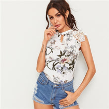 Load image into Gallery viewer, SHEIN Floral Print Guipure Lace Raglan Sleeve Top 2019 Keyhole Neckline Summer Cap Sleeve Elegant Womens Tops and Blouses