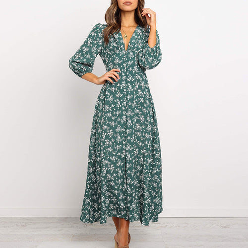 Floral Printed V-neck Single-breasted High Waist Chiffon Long Dress Ladies Boho Beach Style Women Party Dresses Vestidos