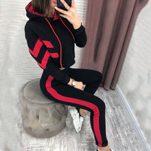 Load image into Gallery viewer, 2019 Side Striped Hooded Tracksuit For Women Long Sleeve Hoody Elastic Sports Two Piece Set Autumn Streetwear Women&#39;s Tracksuits