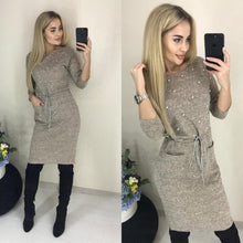 Load image into Gallery viewer, Women Winter Spring Colors Cotton Dress Beading Knee-Length Stretch Elegant Long Sleeve O-neck Pockets Office Dresses 2019