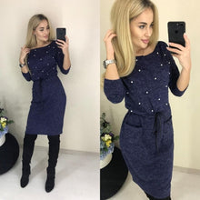 Load image into Gallery viewer, Women Winter Spring Colors Cotton Dress Beading Knee-Length Stretch Elegant Long Sleeve O-neck Pockets Office Dresses 2019