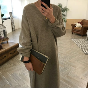 2019 Winter Loose Style Women Dress Elegant Korea Knitted Sweater Dress V Neck Casual Dress