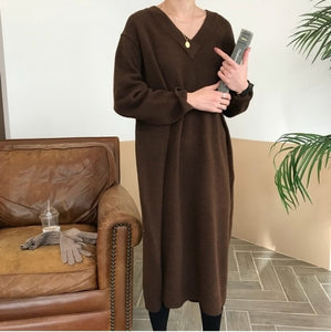 2019 Winter Loose Style Women Dress Elegant Korea Knitted Sweater Dress V Neck Casual Dress