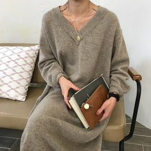 Load image into Gallery viewer, 2019 Winter Loose Style Women Dress Elegant Korea Knitted Sweater Dress V Neck Casual Dress