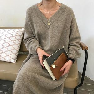 2019 Winter Loose Style Women Dress Elegant Korea Knitted Sweater Dress V Neck Casual Dress