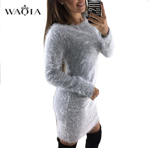 2019 Women Knit Dress Autumn Winter  Long Sleeve Solid Plush Sweater Dress Women Party Bodycon Sexy Mini Bandage Knitted Dress