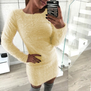 2019 Women Knit Dress Autumn Winter  Long Sleeve Solid Plush Sweater Dress Women Party Bodycon Sexy Mini Bandage Knitted Dress