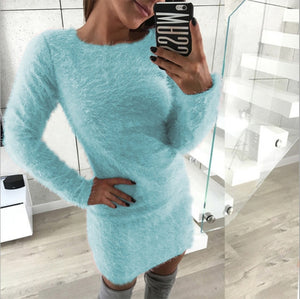 2019 Women Knit Dress Autumn Winter  Long Sleeve Solid Plush Sweater Dress Women Party Bodycon Sexy Mini Bandage Knitted Dress