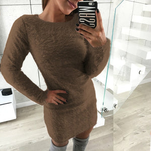 2019 Women Knit Dress Autumn Winter  Long Sleeve Solid Plush Sweater Dress Women Party Bodycon Sexy Mini Bandage Knitted Dress