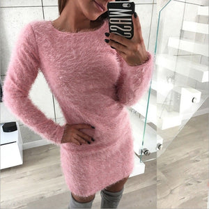 2019 Women Knit Dress Autumn Winter  Long Sleeve Solid Plush Sweater Dress Women Party Bodycon Sexy Mini Bandage Knitted Dress