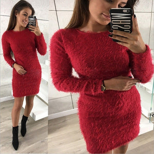 2019 Women Knit Dress Autumn Winter  Long Sleeve Solid Plush Sweater Dress Women Party Bodycon Sexy Mini Bandage Knitted Dress