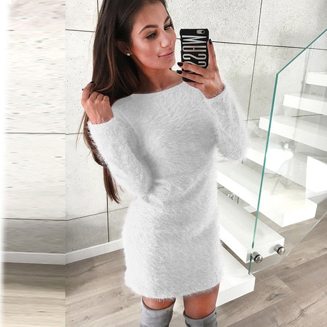 2019 Women Knit Dress Autumn Winter  Long Sleeve Solid Plush Sweater Dress Women Party Bodycon Sexy Mini Bandage Knitted Dress