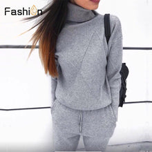 Load image into Gallery viewer, Women&#39;s Sweater Suits and Sets Turtleneck Long Sleeve Knitted Sweaters+Pockets Long Trousers 2PCS Sets Winter Two Piece Outfits