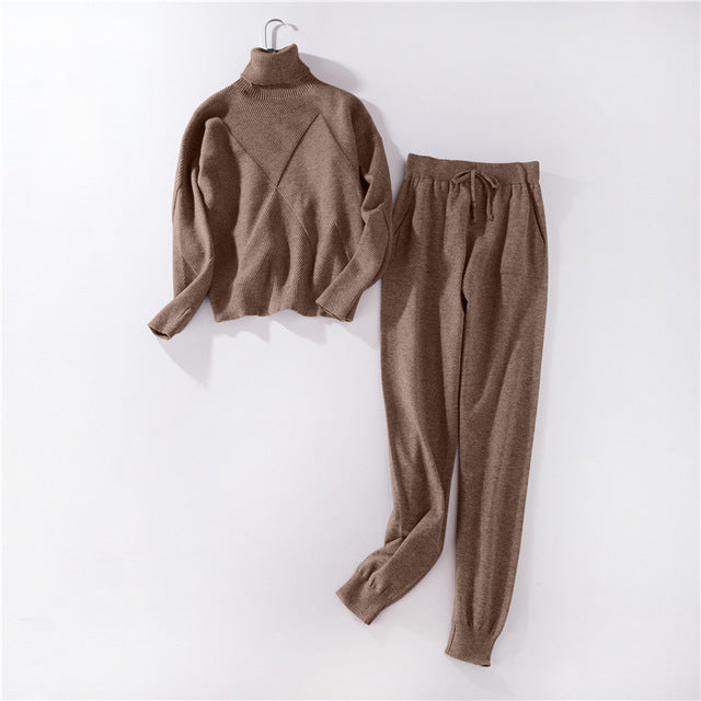 Women's Sweater Suits and Sets Turtleneck Long Sleeve Knitted Sweaters+Pockets Long Trousers 2PCS Sets Winter Two Piece Outfits