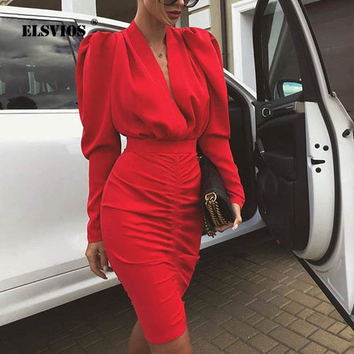 ELSVIOS Office Lady Sexy V-neck workwear dress Elegant Autumn Pleated bodycon Dress Women Puff Long Sleeve Slim Club Party Dress