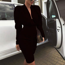 Load image into Gallery viewer, ELSVIOS Office Lady Sexy V-neck workwear dress Elegant Autumn Pleated bodycon Dress Women Puff Long Sleeve Slim Club Party Dress