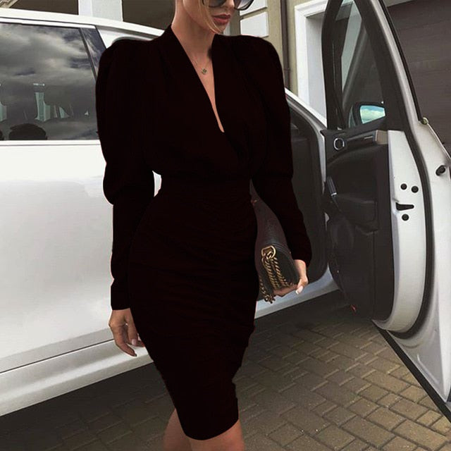 ELSVIOS Office Lady Sexy V-neck workwear dress Elegant Autumn Pleated bodycon Dress Women Puff Long Sleeve Slim Club Party Dress