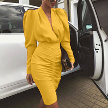 Load image into Gallery viewer, ELSVIOS Office Lady Sexy V-neck workwear dress Elegant Autumn Pleated bodycon Dress Women Puff Long Sleeve Slim Club Party Dress