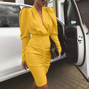 ELSVIOS Office Lady Sexy V-neck workwear dress Elegant Autumn Pleated bodycon Dress Women Puff Long Sleeve Slim Club Party Dress