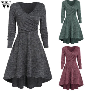 Womail Dress Women Autumn Fashion V-Neck Long Sleeve Dress Solid Loose Long Sleeve Women Dress Casual Asymmetric party plus size