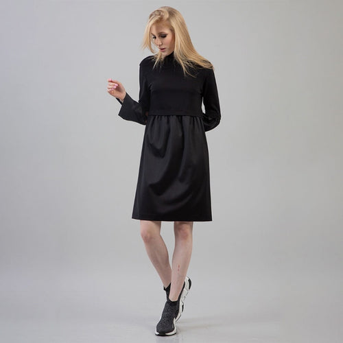 Women Vintage Patchwork A Line Knee Party Dress High-neck Long Sleeve Solid Elegant Dress 2019 Winter Fashion Casual Loose Dress