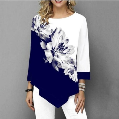 Shirt Women Spring Autumn Printing O-neck Blouse 3/4 Sleeve Casual Hem Irregularity Female fashion shirt Tops Plus Size