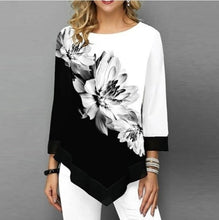 Load image into Gallery viewer, Shirt Women Spring Autumn Printing O-neck Blouse 3/4 Sleeve Casual Hem Irregularity Female fashion shirt Tops Plus Size