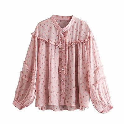 KIYUMI Blouse Women Chiffon Womens Tops and Blouses Long Sleeve Ruffle Patchwork Button Front Loose Sweet Pink Blouse Woman 2019