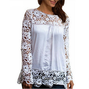 2018 Summer Women White Lace Blouses Shirts Fashion Chiffon Blouses Hollow Out Top Female Plus Size Women's Clothing 4XL 5XL 50