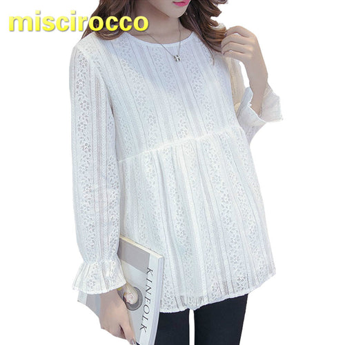 Maternity Clothing Lace Pregnant Women's Blouse Autumn Women's Top Round Neck Long Sleeve Base OL soft