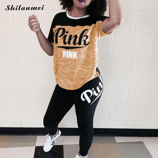 PINK Printing Women'S Outfits Short Sleeve T-Shirts And Long Pants 2 Piece Set Fitness Plus Size XXXL Women'S Summer Tracksuit