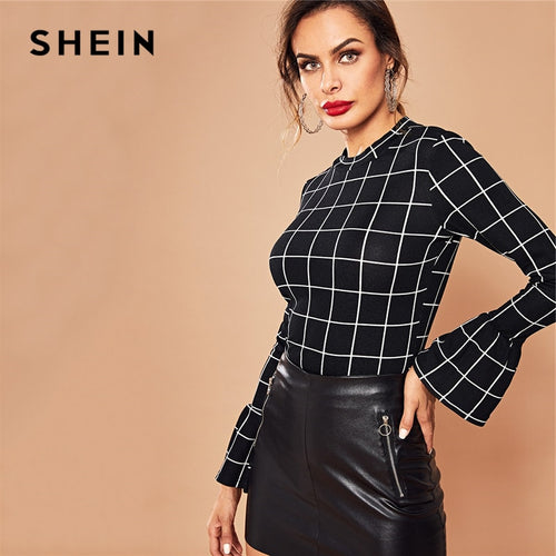 SHEIN Black Elegant Workwear Plaid Ruffle Cuff Bell Sleeve Stand Collar Grid Blouse Autumn Office Lady Women Tops And Blouses