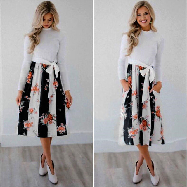 Pocket Elegant Knee-length Dress High Quality Autumn 2019 Casual Women Dress Long Sleeve O-neck Dot Printed Loose Dress Vestidos