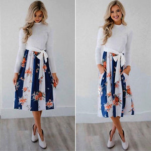 Pocket Elegant Knee-length Dress High Quality Autumn 2019 Casual Women Dress Long Sleeve O-neck Dot Printed Loose Dress Vestidos