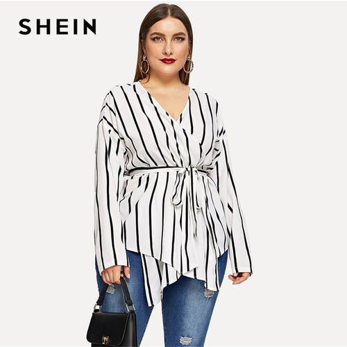 SHEIN White Asymmetrical Plus Size V-neck Belted Striped Blouses Women 2019 Elegant Spring Long Sleeve Highstreet Tops Blouse