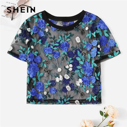 SHEIN Boho Multicolor Floral Embroidery Sheer Mesh Sexy Crop Blouse Women Summer Round Neck Short Sleeve Elegant Top Blouses