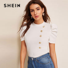 Load image into Gallery viewer, SHEIN Mock-Neck Puff Sleeve Button Front White Blouse Ladies Tops Summer Elegant Slim Fit Solid Short Sleeve Blouse Top