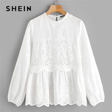 Load image into Gallery viewer, SHEIN Laser Cut Insert Scalloped Peplum Blouse 2019 White Eyelet Embroidery Long Sleeve Bishop Sleeve Womens Tops And Blouses